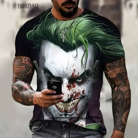 Camiseta masculina de manga curta, solta e casual, com padrão de palhaço aterrorizante, impressa em 3D, tamanho grande 6XL, verão