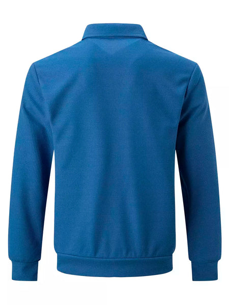 Jaqueta waffle de manga comprida masculina, monocromática, com zíper, bolso, cardigã lapela, gola polo casual, outdoor wear, primavera e outono