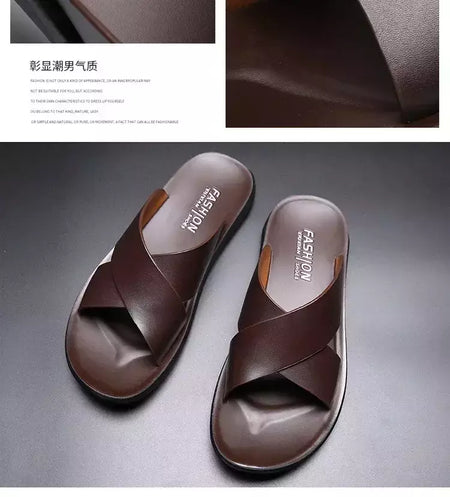 Sandálias para homens chinelos de couro genuíno marca de luxo moda masculina apartamentos casuais antiderrapantes praia sandalia zapatos hombre 2024