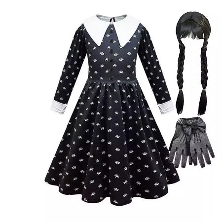 Crianças addams traje do bebê meninas família cosplay traje de halloween crianças família dança vestido preto quarta-feira pageant fantasia