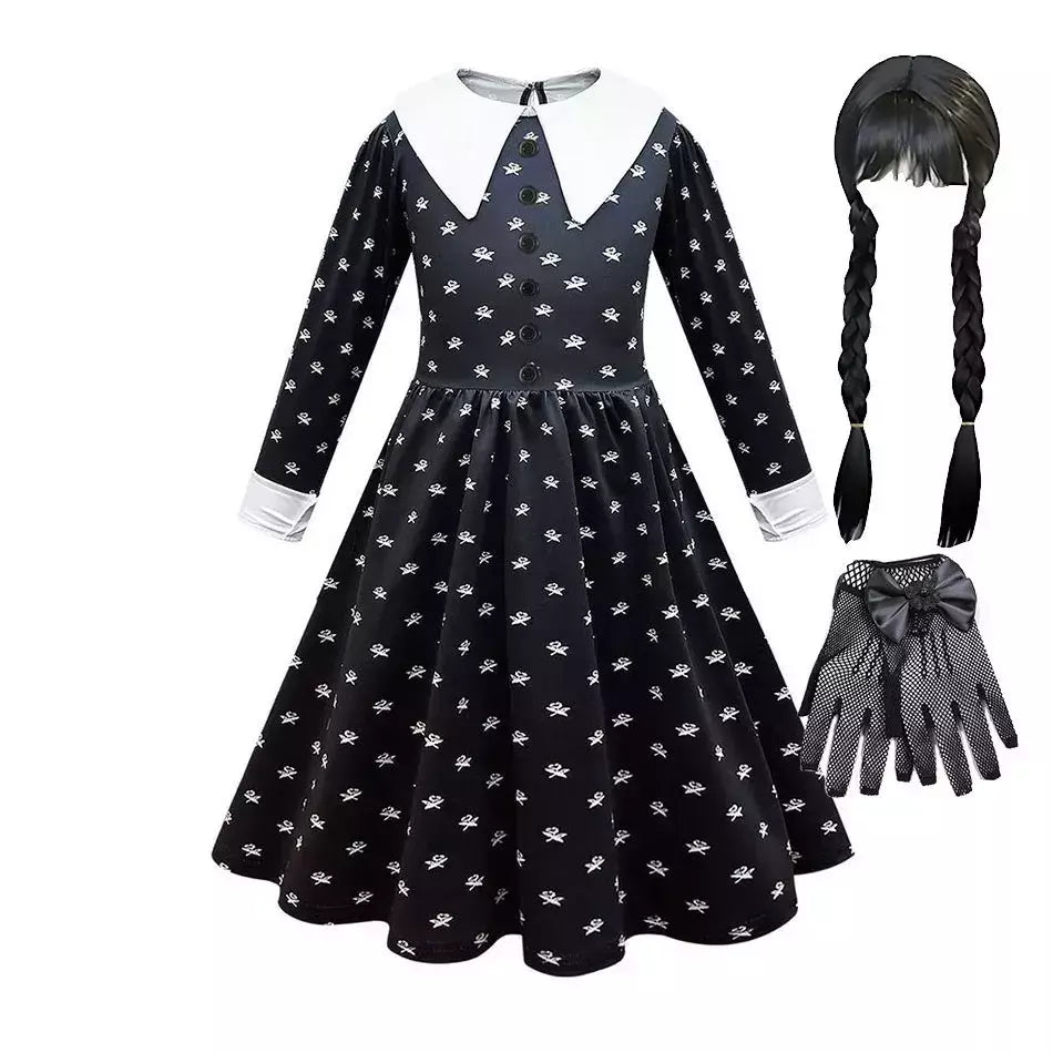 Crianças addams traje do bebê meninas família cosplay traje de halloween crianças família dança vestido preto quarta-feira pageant fantasia