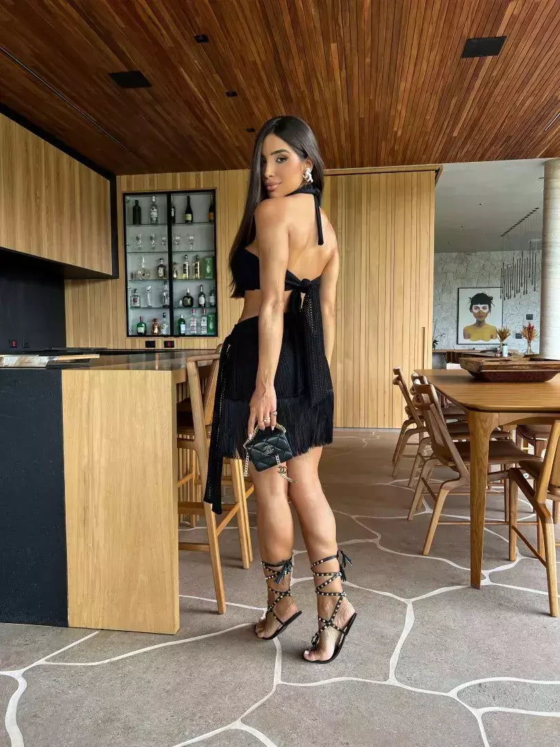 Conjunto sexy de biquíni feminino, sutiã de renda, mini saia, férias de praia, fato de banho feminino casual, 2 peças, verão