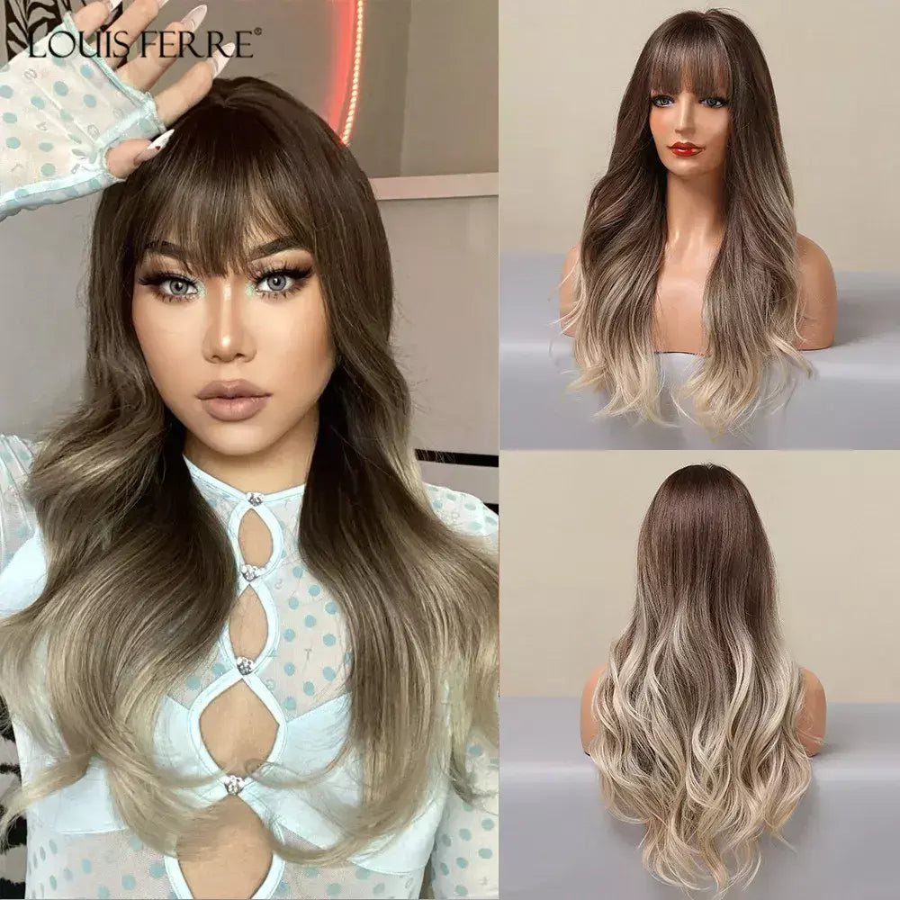 Louis ferre longo ombre loira perucas sintéticas com franja para mulheres onda natural penteado fibra resistente ao calor cosplay perucas marrons