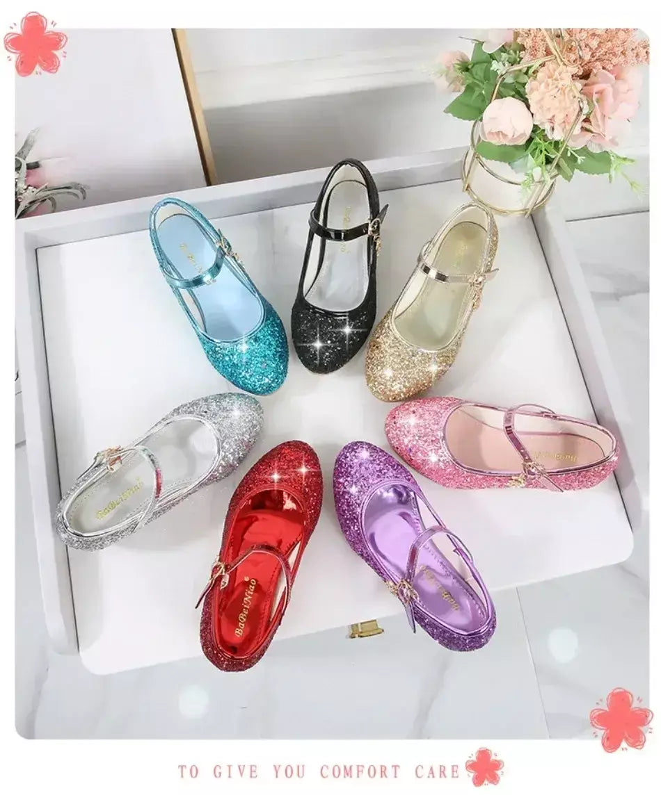 Meninas sapatos crianças salto alto glitter sandálias de cristal moda fivela crianças princesa sapato dança estudante desempenho sapatos de couro