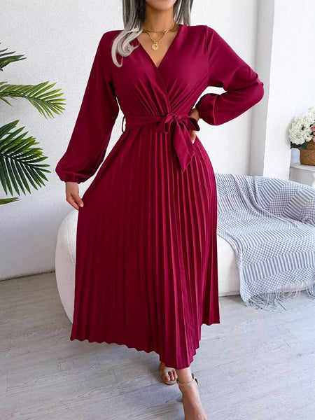 Elegante V Neck manga comprida das mulheres plissado vestido Maxi