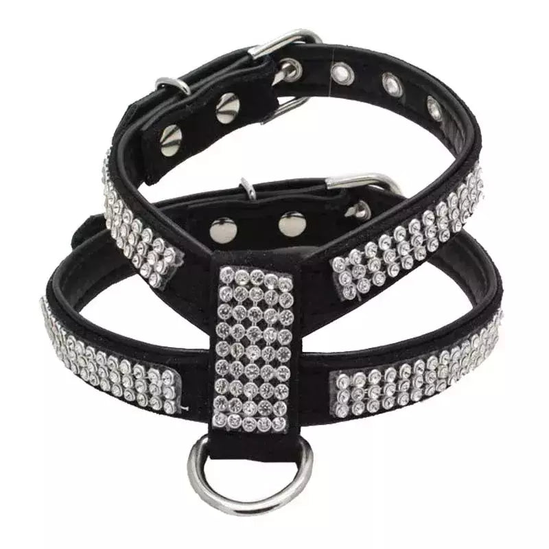 Coleira para cães, cinta peitoral ajustável, produtos para animais de estimação, coleira para cães, liberação rápida, brilhante, em forma de k, strass, couro pu