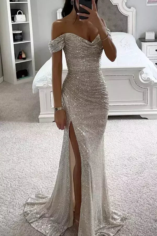 Vestido Dividido de Pescoço Uma Linha Feminino, Lantejoulas, Dividido, Versátil, Elegante, Charme, Emagrecedor, Festa, INS, Emagrecimento, S-XL Size, Novo