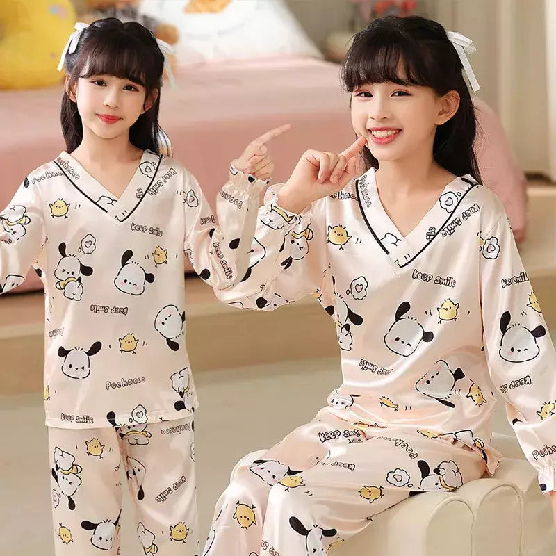 Ice Silk infantil Conjunto de Pijamas de manga curta, Pijamas gola V, Anime Sanrio Kuromi Minha melodia Desenhos animados, Cinnamoroll Menina, Cinnamoroll