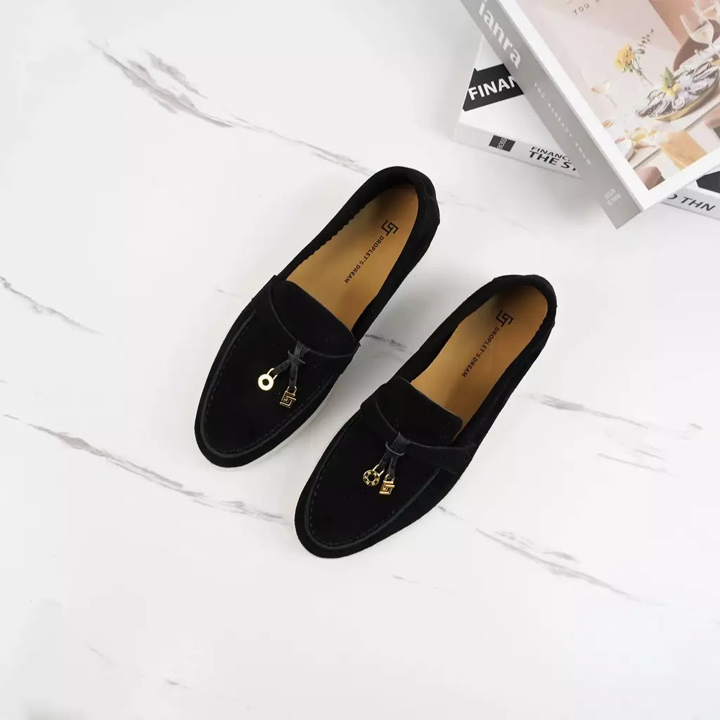 Sapatos de mula de camurça antiderrapante para mulheres, sapatos para dirigir, pingente de metal, marca de luxo, moda casual confortável, Le Fu