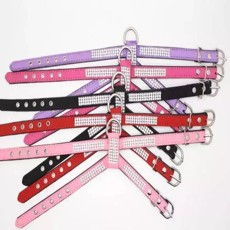Coleira para cães, cinta peitoral ajustável, produtos para animais de estimação, coleira para cães, liberação rápida, brilhante, em forma de k, strass, couro pu