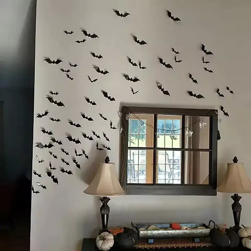 Halloween 3d morcego preto adesivos de parede para casa quarto decoração interior adereços assustadores crianças festa favores decalques parede janela adesivo