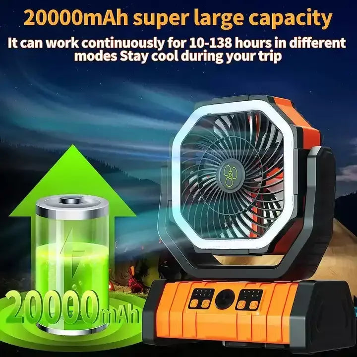 Ventilador recarregável portátil com luz LED e gancho, mesa com bateria, ventilador de acampamento, ventilador ao ar livre para barraca, viagem de carro, 20000mAh