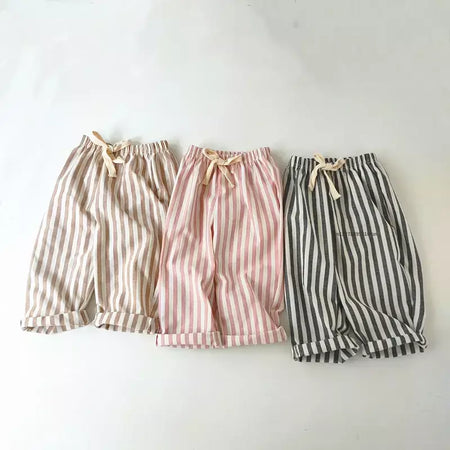 Primavera verão meninos listrado calças soltas bebê menina vintage casual linho algodão harlan calças crianças rendas-up calça crianças roupas