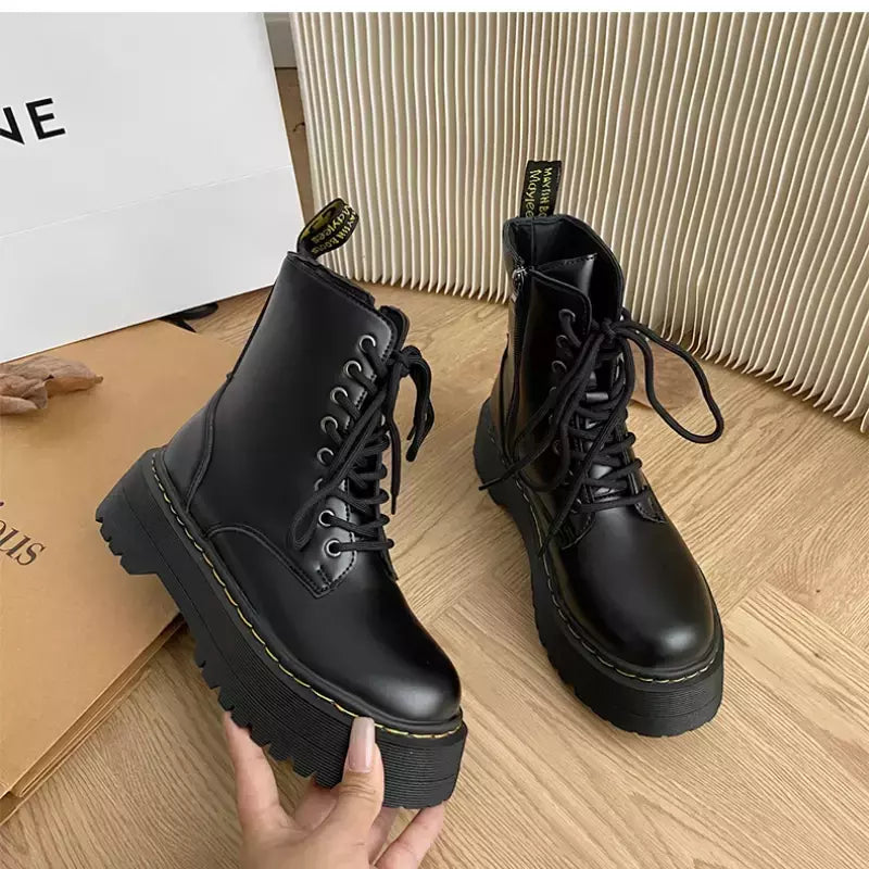 Botas de combate com cordões minimalistas femininas, salto robusto de 5cm, botas de plataforma, sola grossa, aumentar a altura, botas casuais, estilo britânico