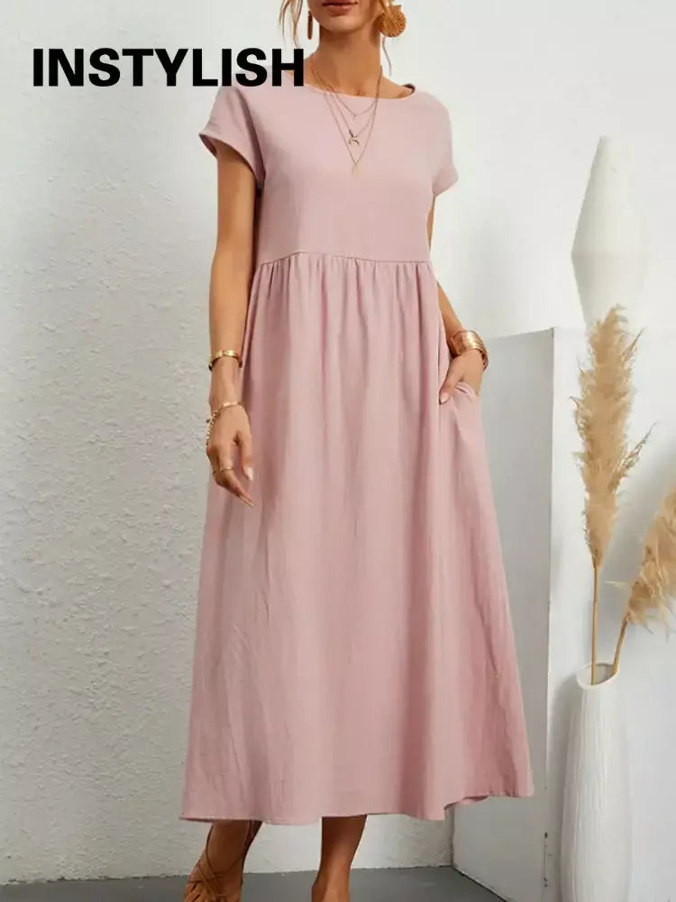 Vintage sólido midi vestido casual manga curta algodão e linho harajuku oversized vestido longo feminino verão y2k maxi vestido de verão 2023
