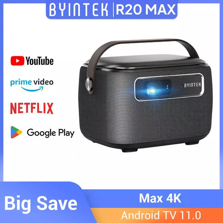 BYINTEK R20 Max Mini Projetor 4K DLP Smart WiFi Android 11.0 LED 1080P Projetores de home theater ao ar livre com bateria de 15600mAh