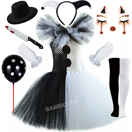 O traje de palhaço terrível arte menina preto branco fantasia tutu vestido horror coringa vestido para meninas trajes de festa de carnaval de halloween