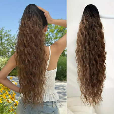Aoosoo sintético água rabo de cavalo extensão do cabelo clipe no rabo de cavalo da mulher acessórios para o cabelo longo encaracolado peruca natural encaracolado preto