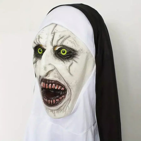 Horror a freira máscara cosplay assustador demônio sangrento fantasma rosto máscaras de látex com lenço festa de halloween traje adereços deluxe