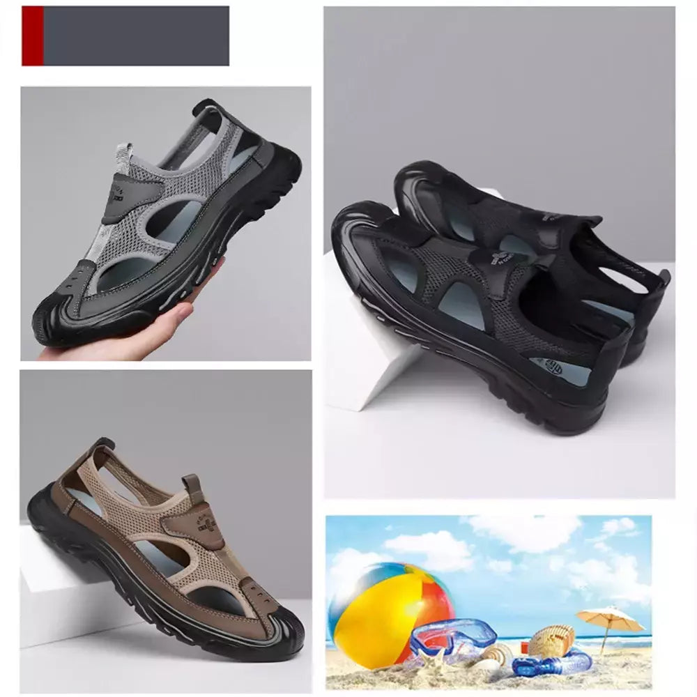 Sandálias Baotou respiráveis masculinas, sapatos de malha oca, leves, antiderrapantes, esportes casuais, ao ar livre, praia, verão