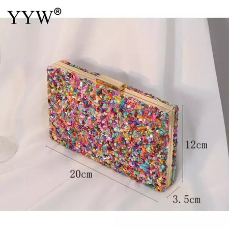 Bolsa acrílica com fecho interligado para menina, bolsa do casamento, pedra multicolorida, corrente de metal, crossbody, ombro, noite, difícil