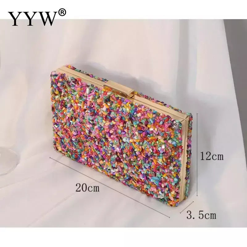 Bolsa acrílica com fecho interligado para menina, bolsa do casamento, pedra multicolorida, corrente de metal, crossbody, ombro, noite, difícil