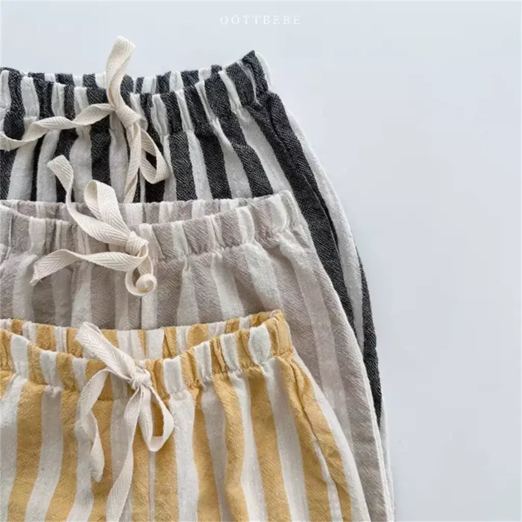 Calças listradas de algodão de linho vintage para meninos casual bolso design elásticos calças de cintura para criança menina roupas crianças