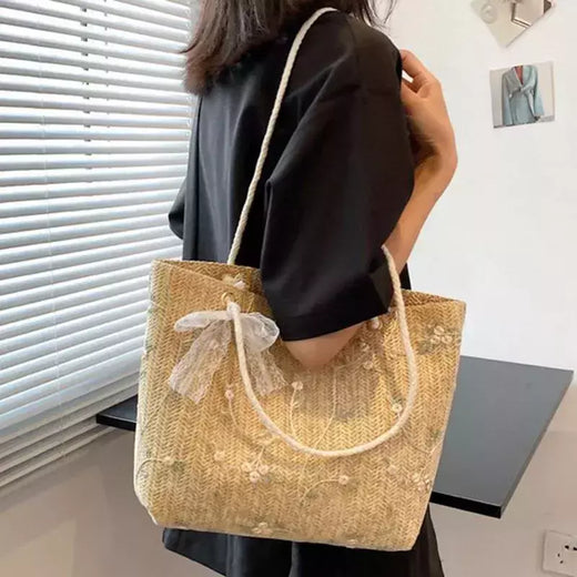 Bolsa de tecido palha casual feminina, cachecol de seda, laço, bolsa de praia, grande capacidade, portátil, sacola para senhora, nova, 1 ombro, verão