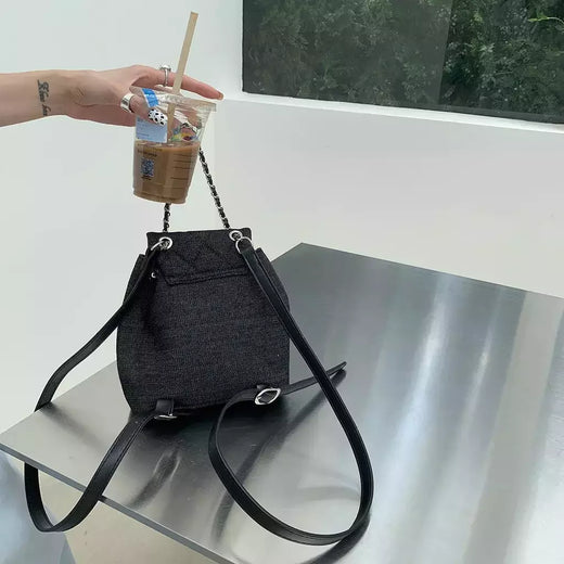 Mochila denim de rede diamante fivela de grande capacidade, bolsa de mão