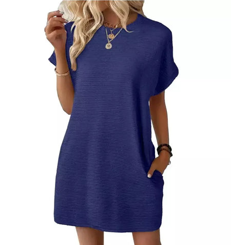 2026 robe femmes soiree manga curta em torno do pescoço mini vestido de cor sólida das mulheres bolso novo solto escritório deslocamento versátil vestido
