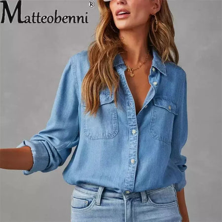 Camisa jeans fina de peito único feminina, bolso de emenda, manga longa, tops de lapela, confortável, blusa casual para mulheres, outono
