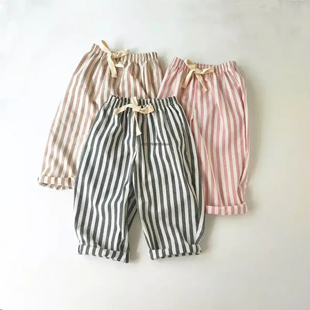 Primavera verão meninos listrado calças soltas bebê menina vintage casual linho algodão harlan calças crianças rendas-up calça crianças roupas