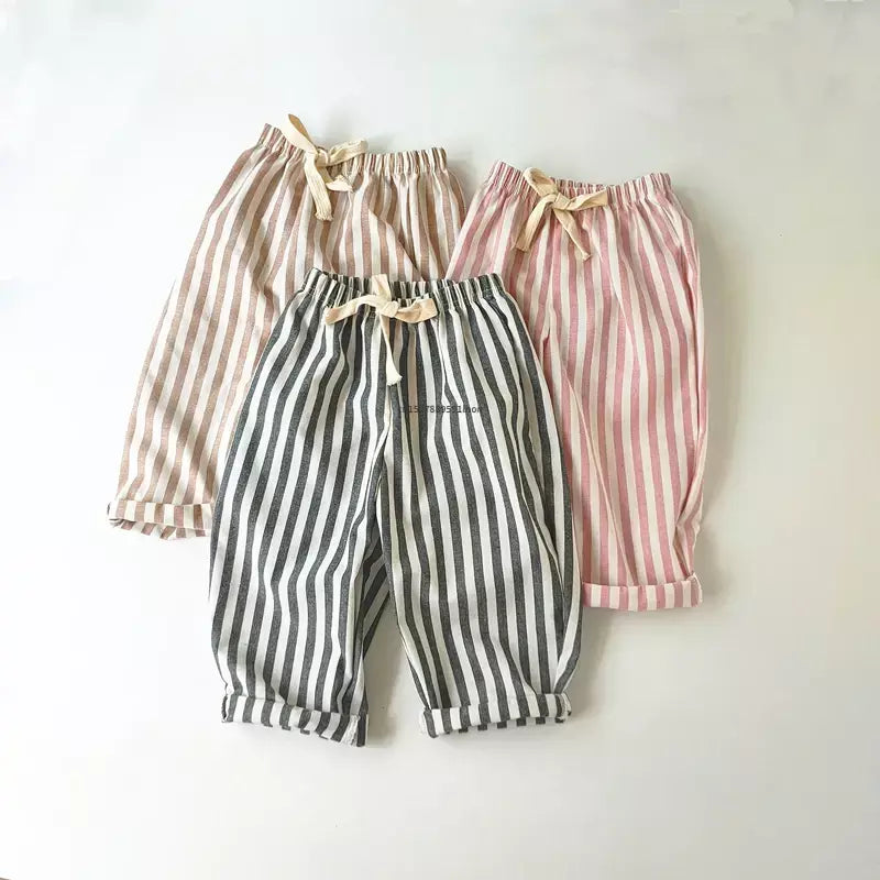 Primavera verão meninos listrado calças soltas bebê menina vintage casual linho algodão harlan calças crianças rendas-up calça crianças roupas