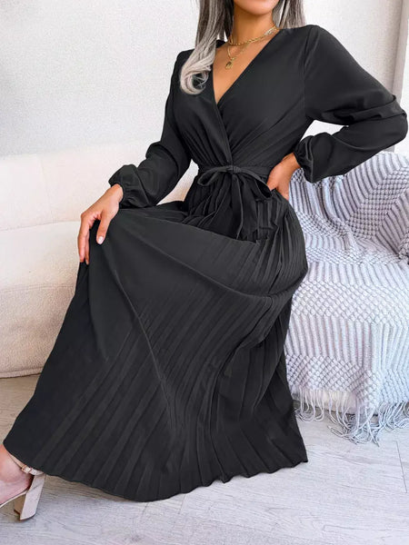 Elegante V Neck manga comprida das mulheres plissado vestido Maxi