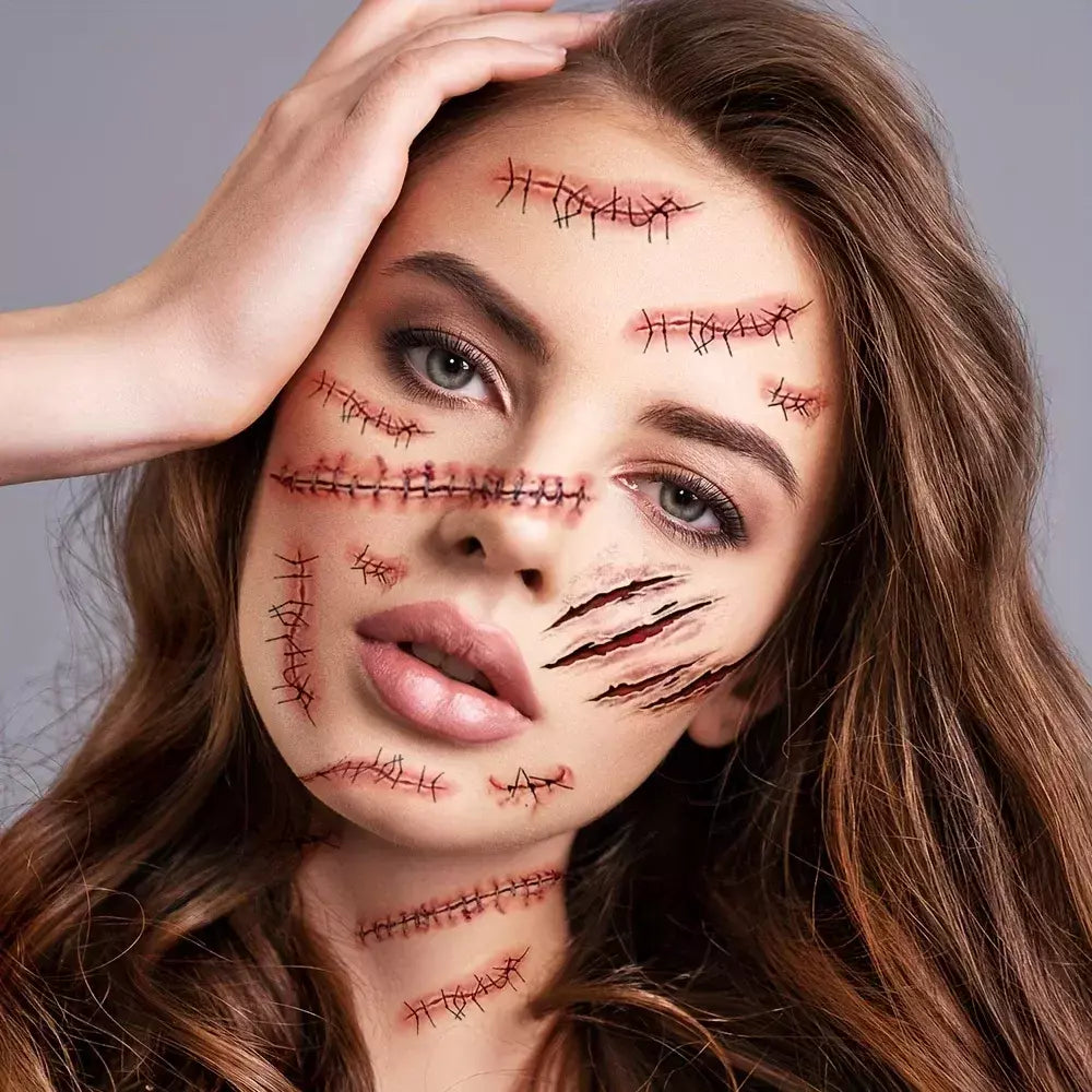 5/10/20 pçs halloween cicatriz tatuagem temporária adesivos 3d falso cicatriz tatuagens adesivo vermelho sangue coágulo rosto tatuagem à prova dwaterproof água cosplay g