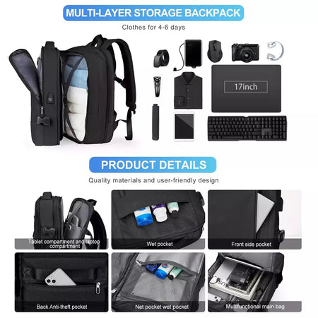 Mochilas expansíveis impermeáveis para homens Likros, grande capacidade, mochila de viagem de negócios, Weekend Laptop Bag, Carry on