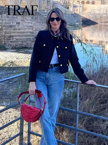 TRAF-Casaco Cropped feminino com botão dourado, blazer bomber, streetwear chique, blusa de casacos femininos, moda primavera, 2022