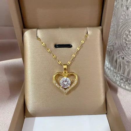 Colares Coração de Zircônia em Aço Inoxidável Mulheres Colar Metal Cor Dourada Festa de Aniversário Joias Diárias para meninas, Trendy and Love