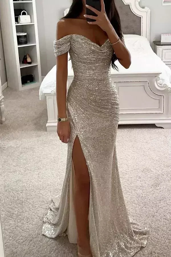 Vestido Dividido de Pescoço Uma Linha Feminino, Lantejoulas, Dividido, Versátil, Elegante, Charme, Emagrecedor, Festa, INS, Emagrecimento, S-XL Size, Novo