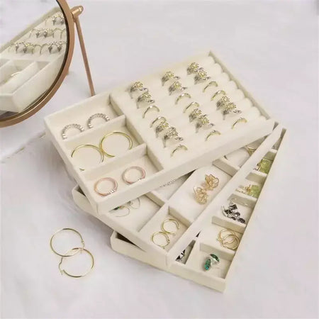 Atualizar caixa de armazenamento de jóias de veludo colar empilhável bandeja de exibição pulseira brinco organizadores diy artesanato gaveta caixa cinza