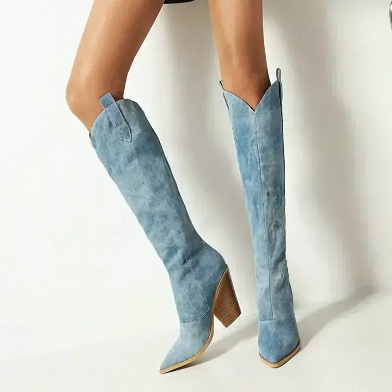 Denim ocidental mulheres joelho coxa botas altas novo 2024 outono inverno salto alto cowboy botas longas tamanho 43 deslizamento em sapatos femininos