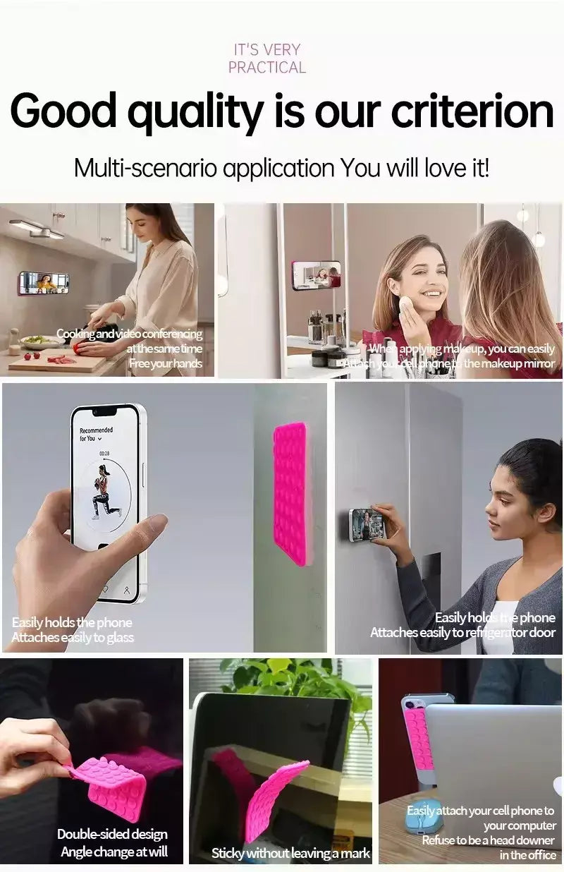 Capa de telefone com ventosa de silicone dupla face, suporte removível para selfies e vídeos mãos-livres, basta usar para vidro liso