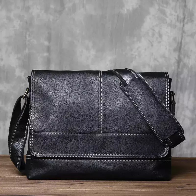 Mochila masculina de couro genuíno de um ombro, maluca couro cavalo, estilo horizontal, grande capacidade, bolsa mensageiro casual