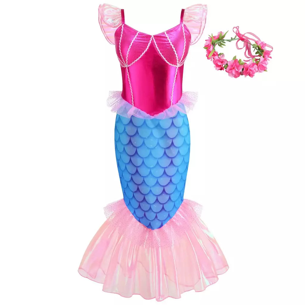 Meninas roxo-azul sereia ariel cosplay vestido de halloween vestido de festa de aniversário meninas praia vestido de férias