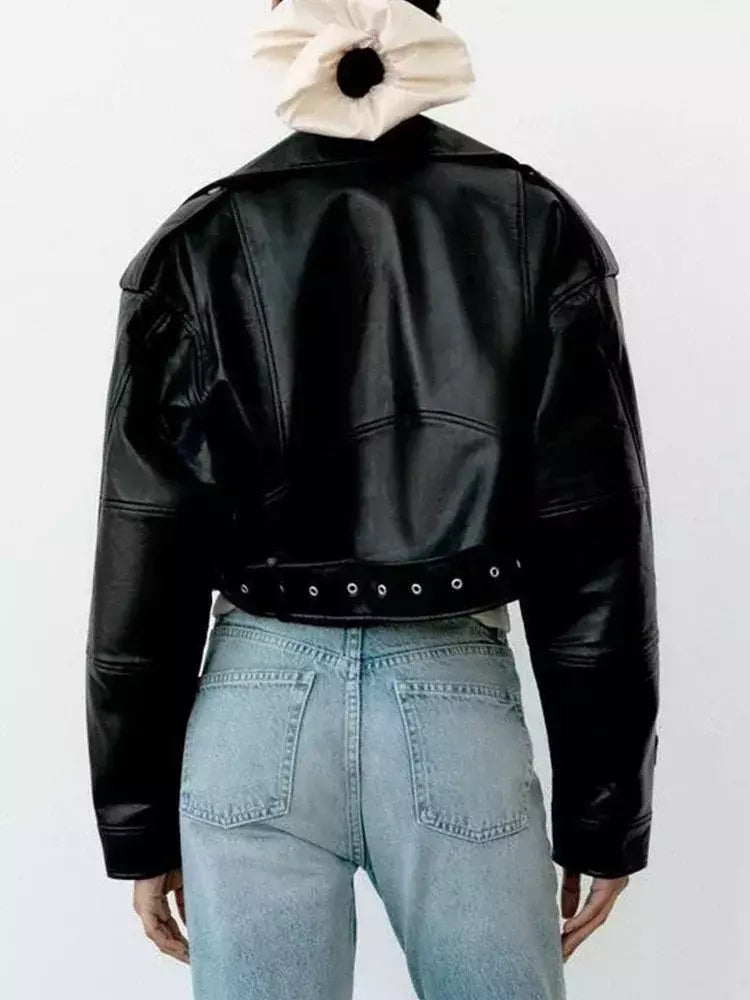 TRAF-Jaqueta curta de couro sintético feminina com cinto, casaco vintage extragrande, streetwear solto, zíper feminino, outwear retrô Moto Biker
