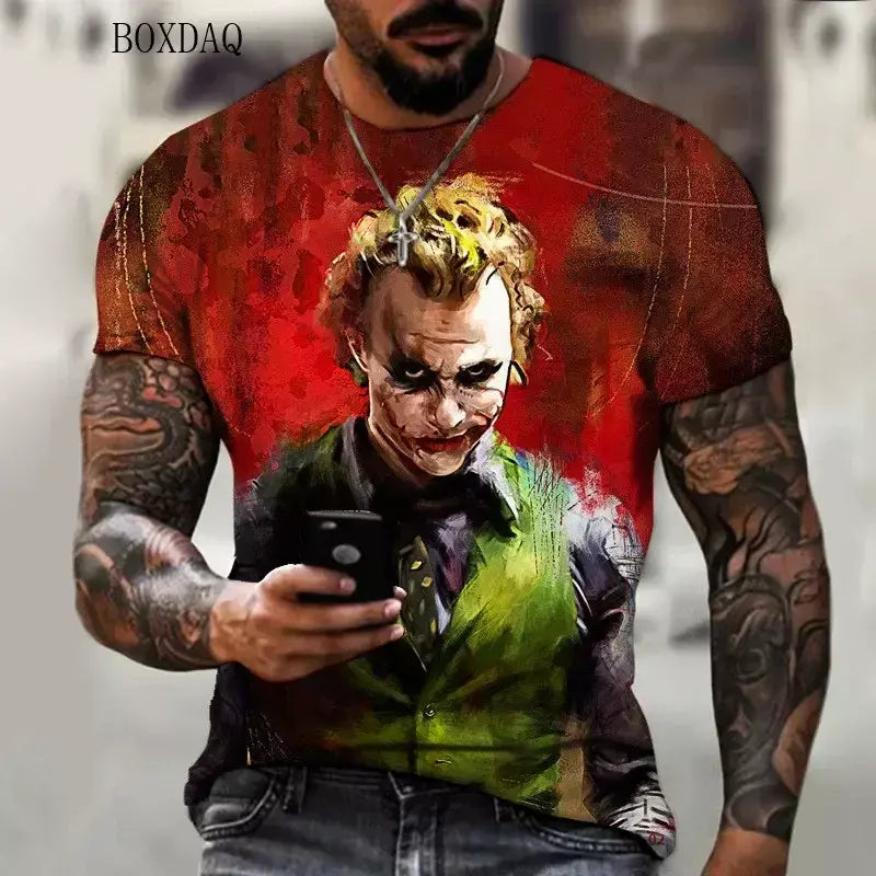 Camiseta masculina de manga curta, solta e casual, com padrão de palhaço aterrorizante, impressa em 3D, tamanho grande 6XL, verão