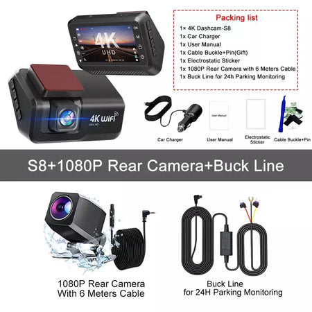 Kocam 4K UHD Dash Cam WiFi Carro DVR Dianteira e Traseira Lente Dupla Câmera Auto para Carro com Visão Noturna 24H Monitor de Estacionamento Caixa Preta