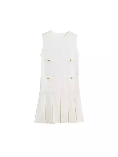 Mini vestido de bolso feminino sem mangas com o pescoço, malha, elegante vestido de botão, fino Lady Fashion, verão, fêmea, 2024