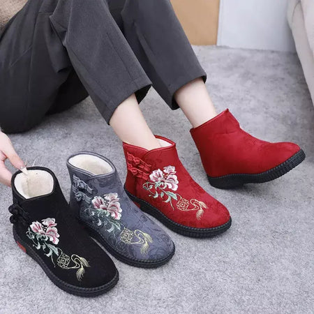 Sapatos de pano de inverno estilo étnico botas mujer sapatos femininos zapatos botas curtas quentes mulher bootie bordado algodão botas femininas