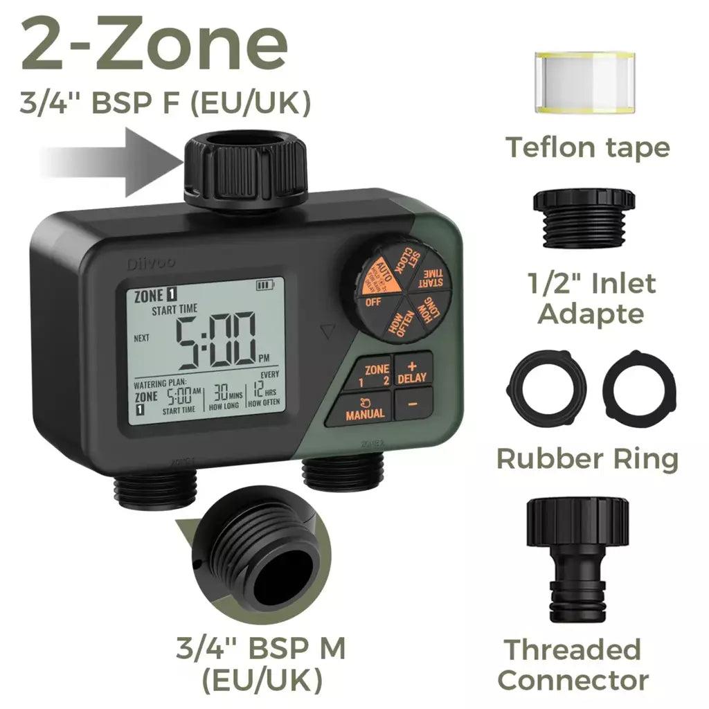 Diivoo temporizador de água para jardim, 3 saídas para mangueira de jardim, temporizador de irrigação automático programável ip54 com atraso de chuva, modo manual/automático